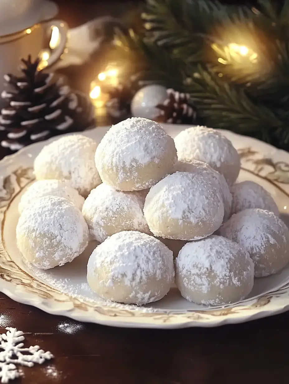 Powdery cookies piled neatly with some pinecones and glowy lights in the background.