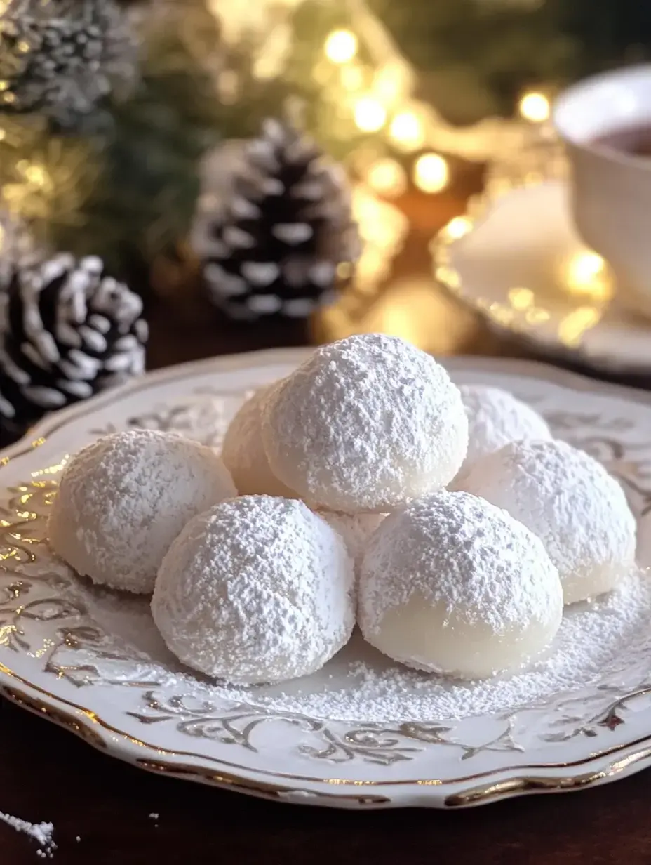 Snowball cookies stacked up pyramid-style with pinecones and gentle lights creating a cozy mood.