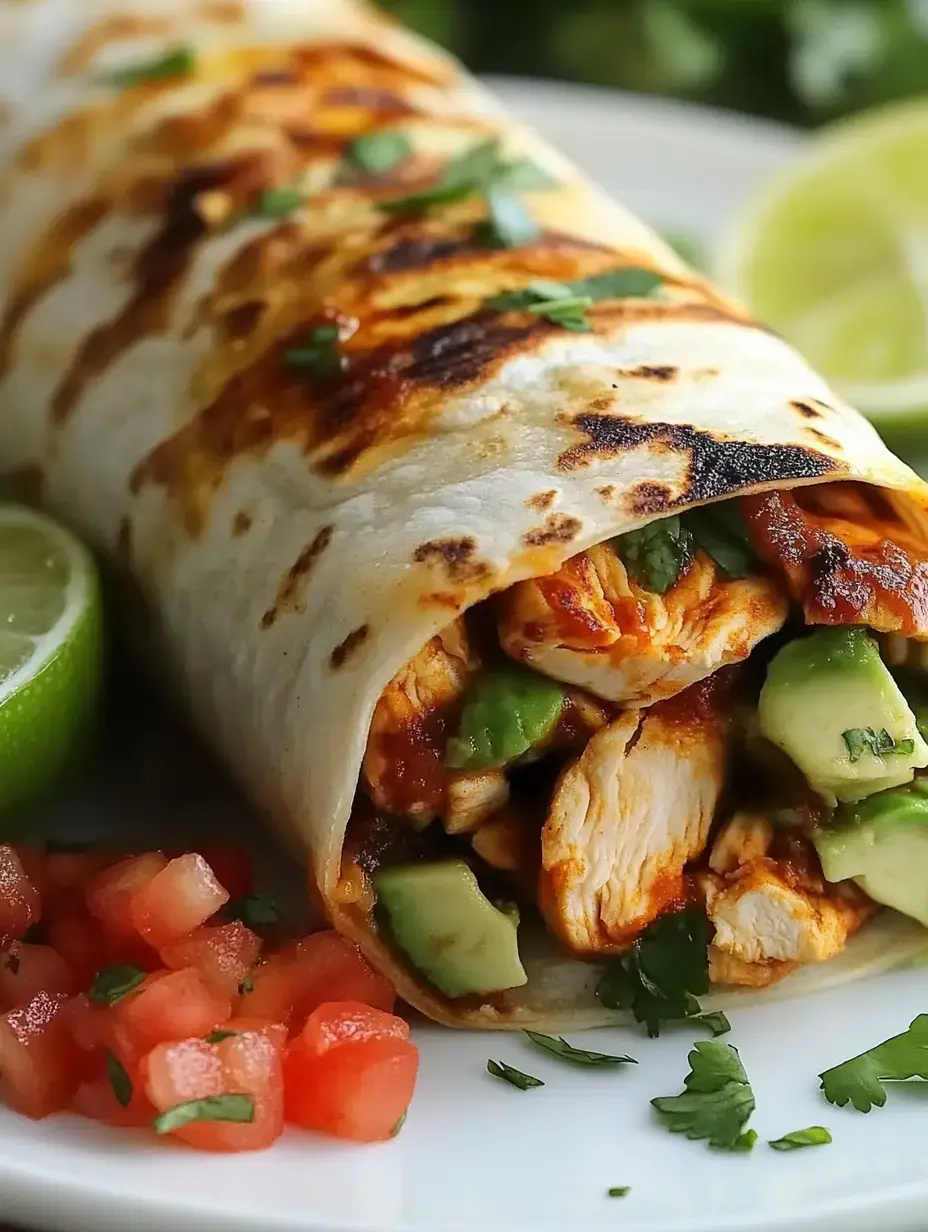 Grilled chicken burrito loaded with avocado, fresh cilantro, lime wedges, and tomatoes—shown up close.