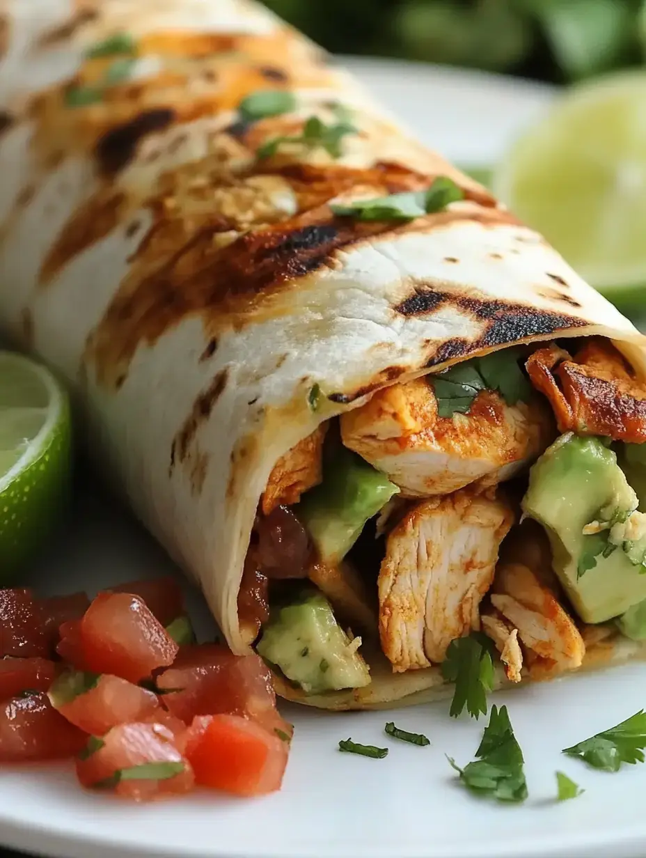 Chicken burrito stuffed with avocado and cilantro, served next to tomatoes and lime—grilled to perfection.