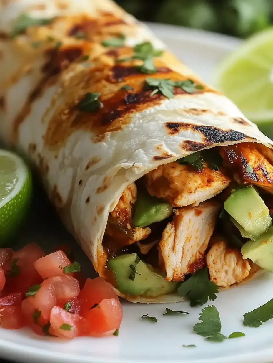 Chicken burrito grilled and wrapped in soft tortilla, topped with cilantro. Tomatoes and lime on the plate.
