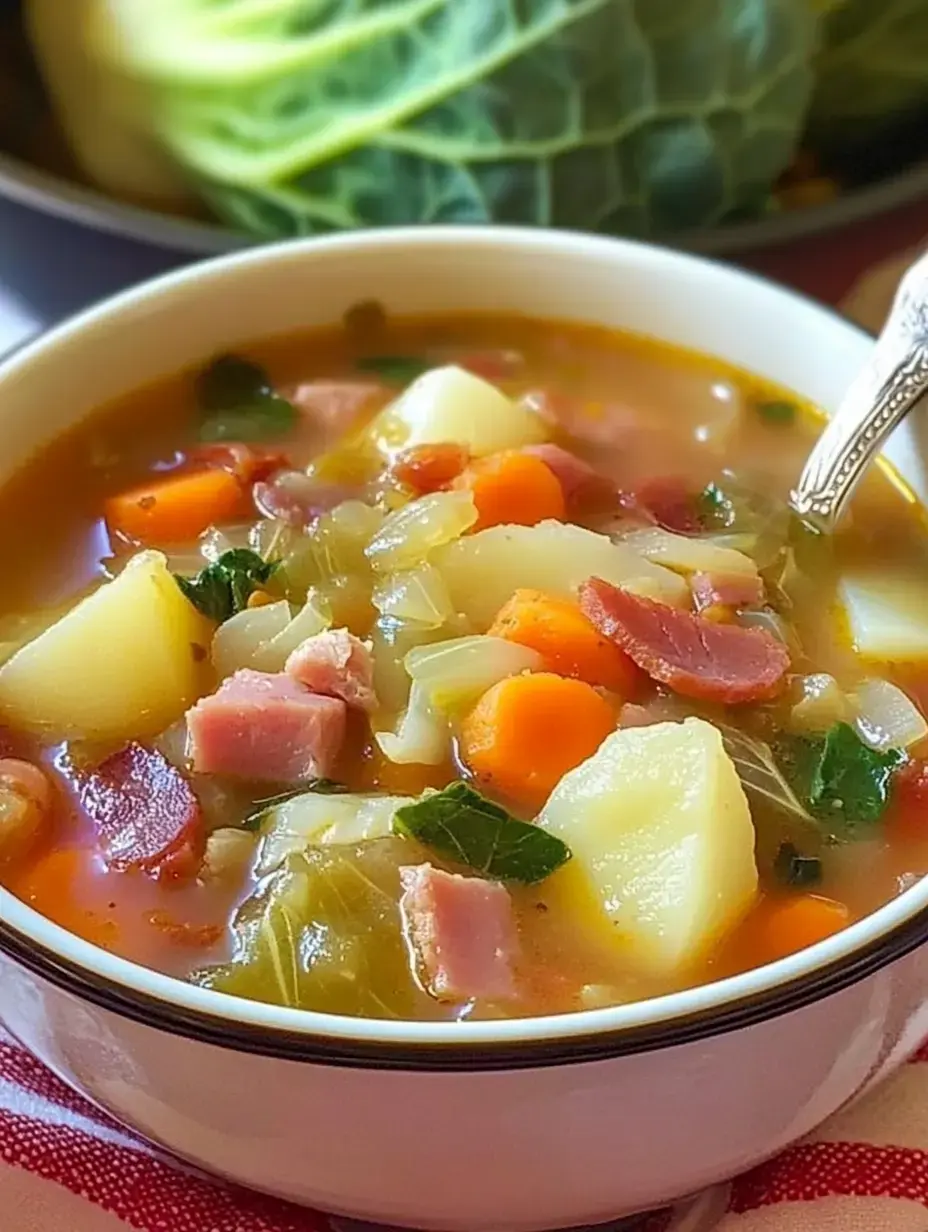 Soup packed with cabbage, ham, potatoes, and carrots, all finished with fresh herbs in a bowl.