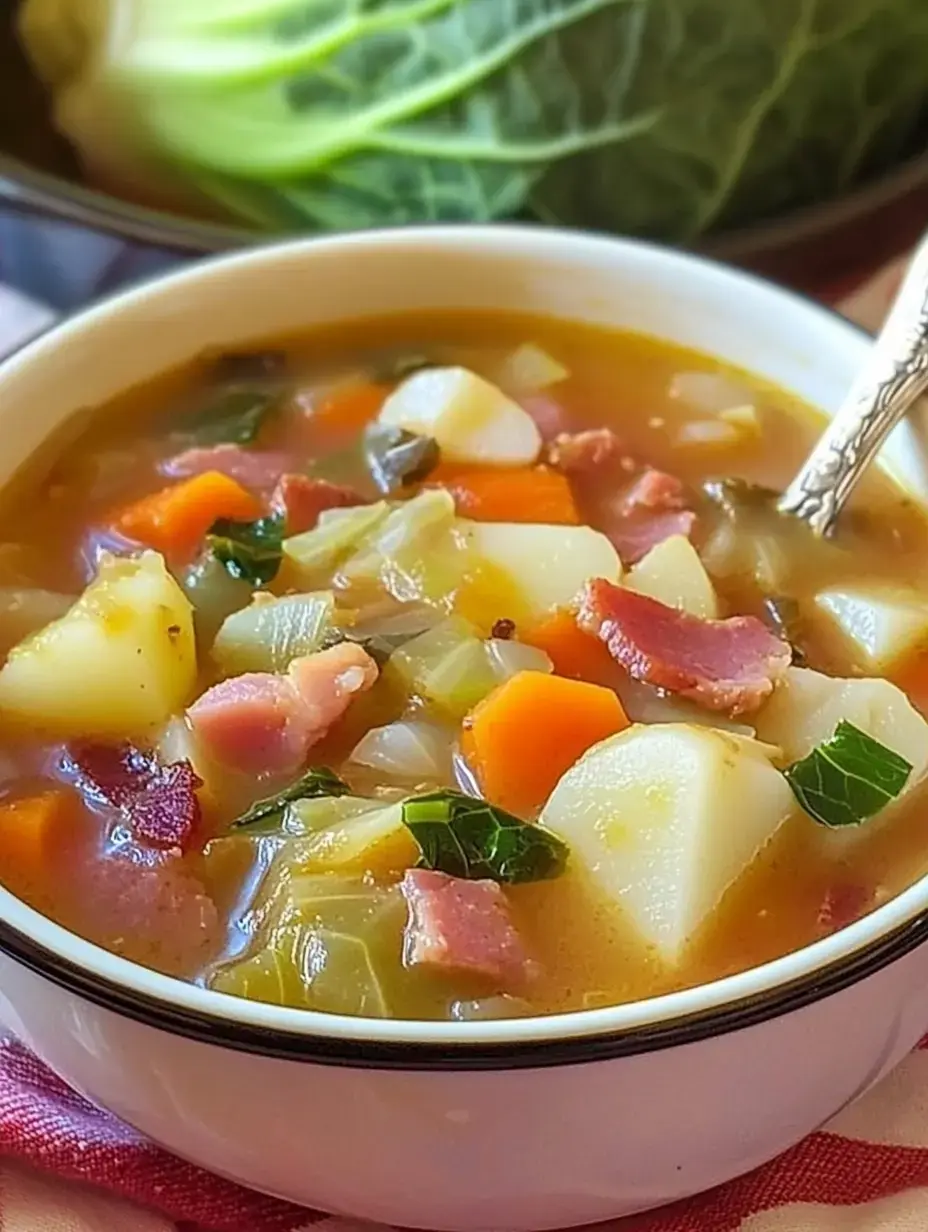 Chunky bowl of ham and veggie soup—potatoes, carrots, greens—with a big cabbage peeking out in the back.