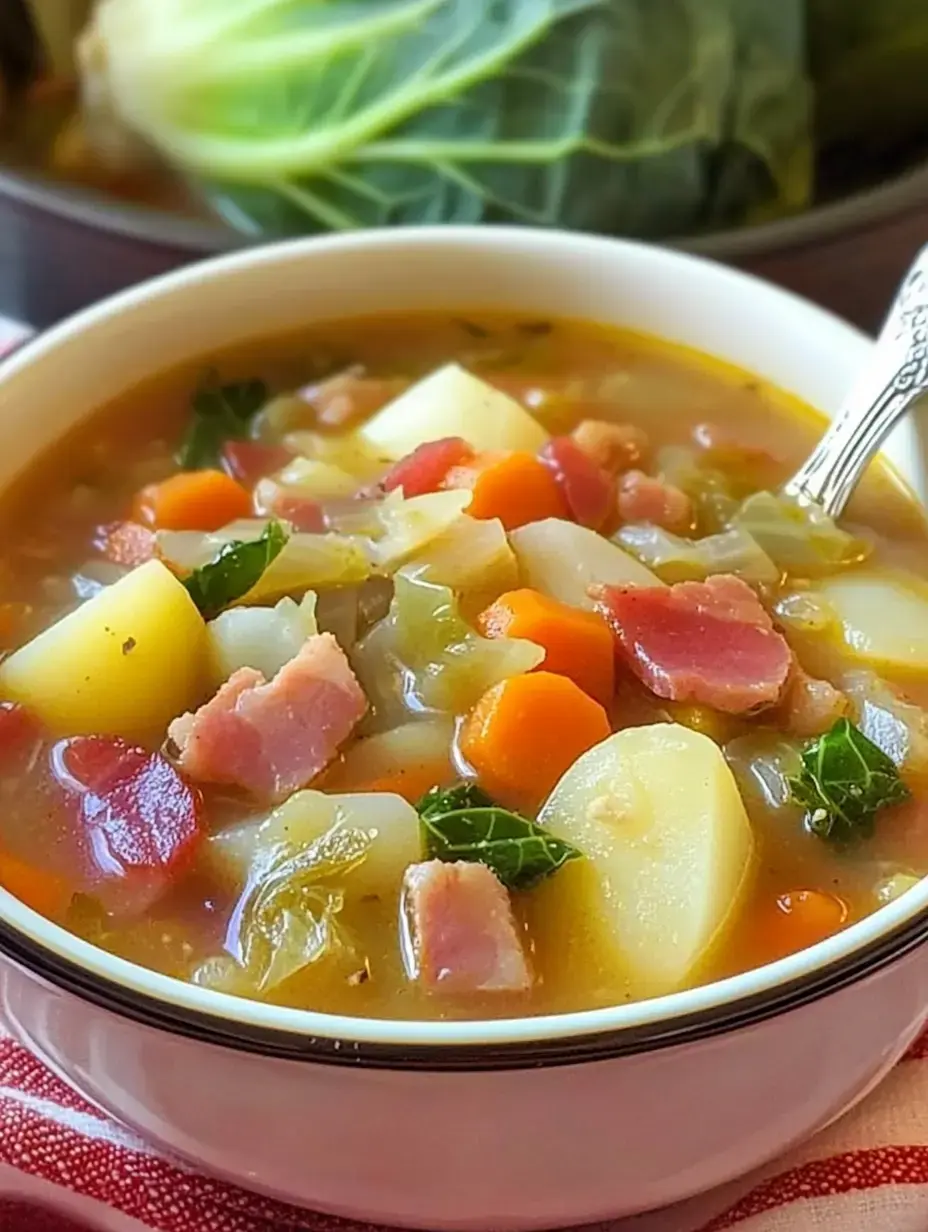 Full bowl with ham, potatoes, tomatoes, carrots, and greens sitting on a colorful cloth. Super hearty meal vibe.