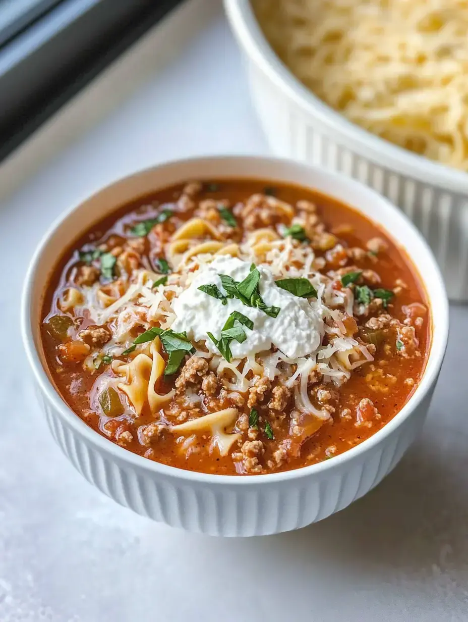 A cozy bowl of lasagna soup loaded with ricotta, shredded cheese, and herbs with cheese on the side.