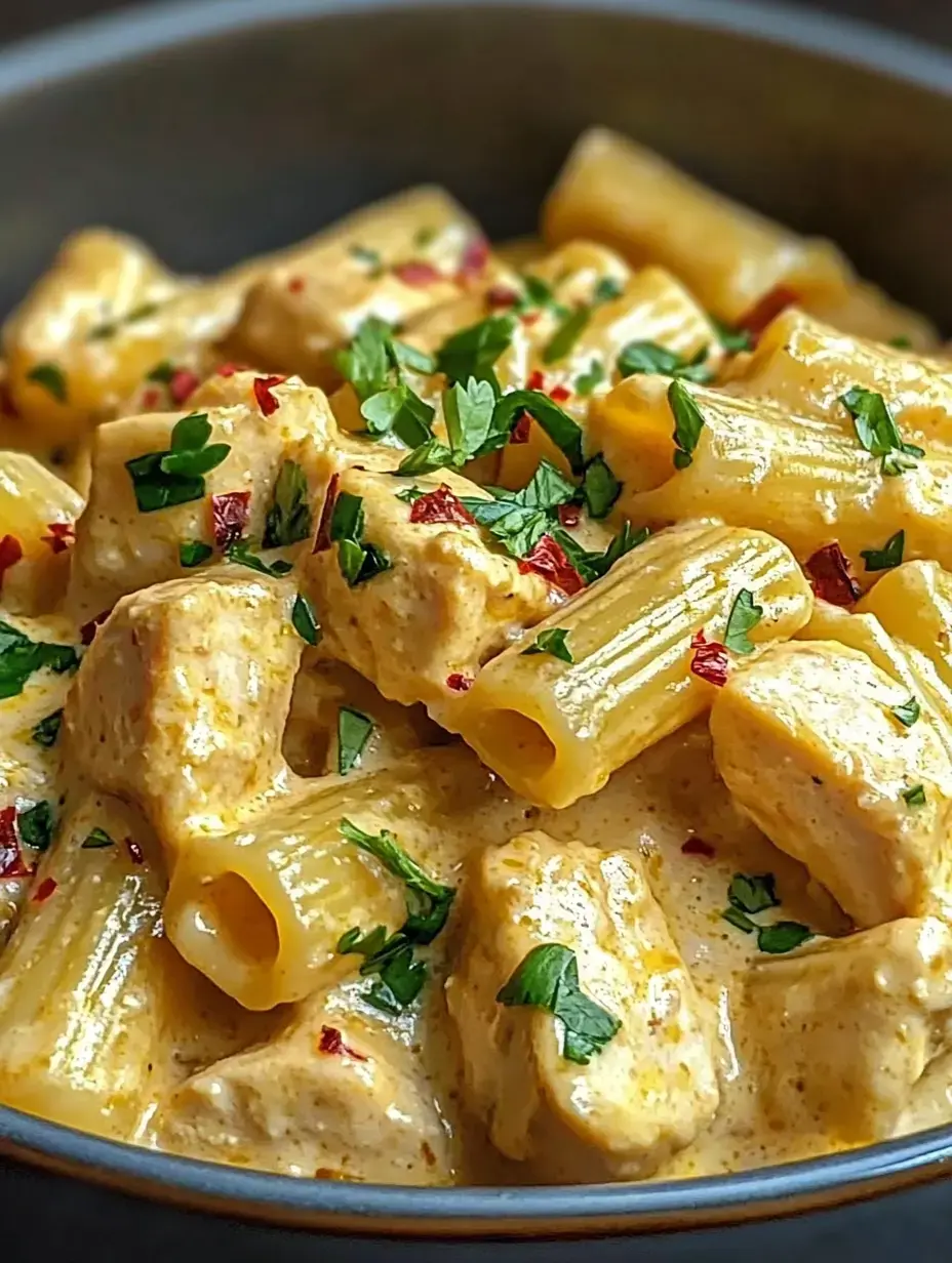Pasta in a creamy sauce with chunks of chicken, finished with parsley and a pinch of red pepper flakes.