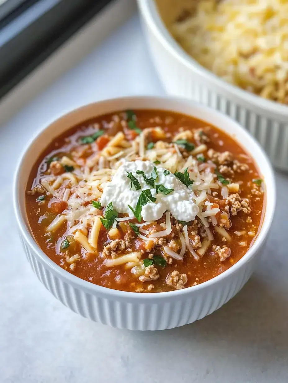 A piping hot bowl of pasta soup covered in cheese, crumbled beef, and a scoop of ricotta, topped with herbs.