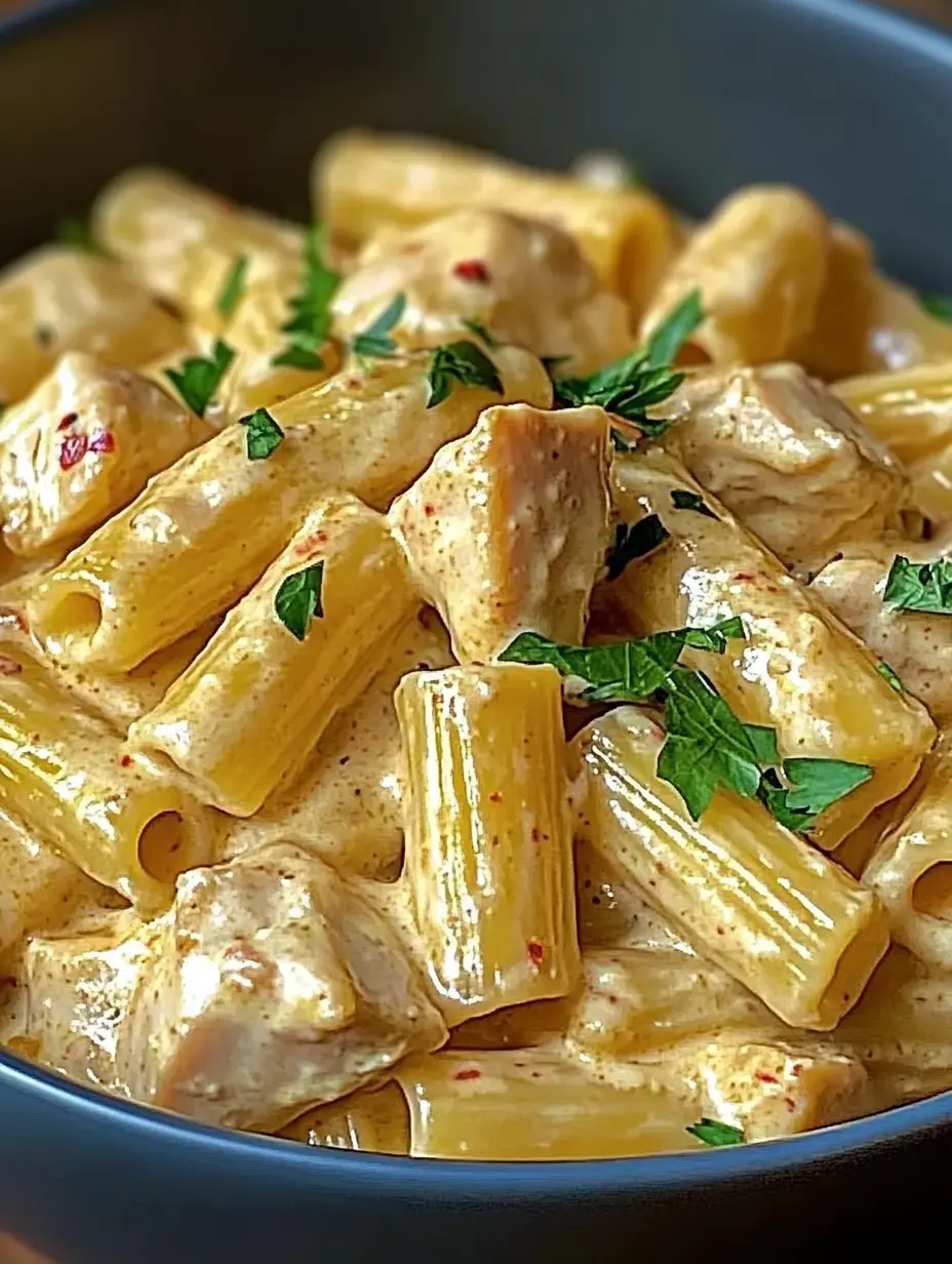 Creamy pasta topped with chicken and parsley, served in a dark-coloured bowl.