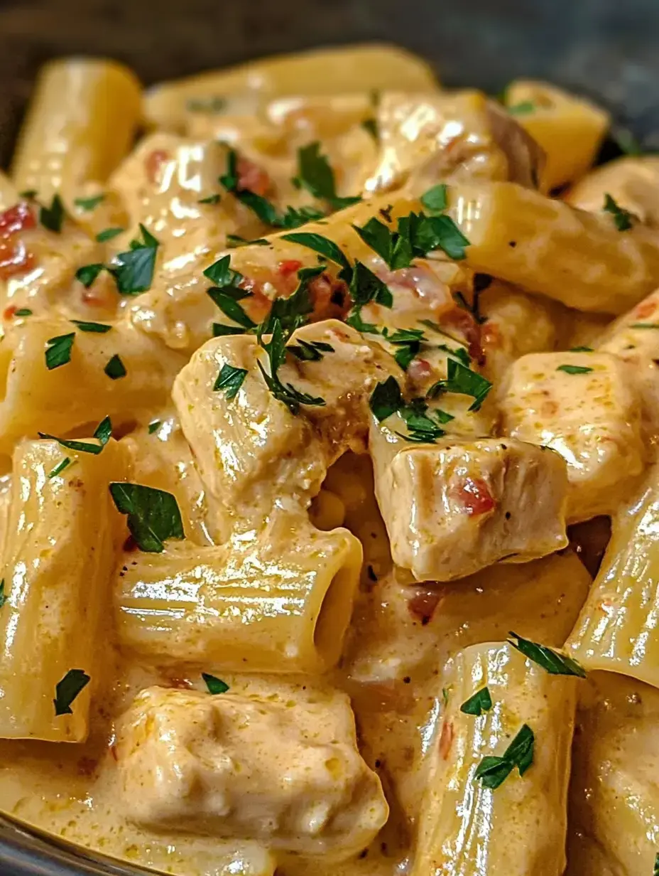 Creamy rigatoni with chunks of tender chicken and parsley sprinkled on top.