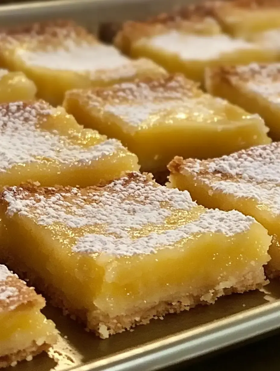 Fresh lemon bars packed on a tray and finished with powdered sugar, shown up close.