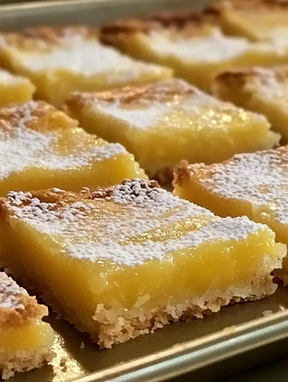 Close-up of lemon bars on a tray, covered with a generous dusting of powdered sugar.