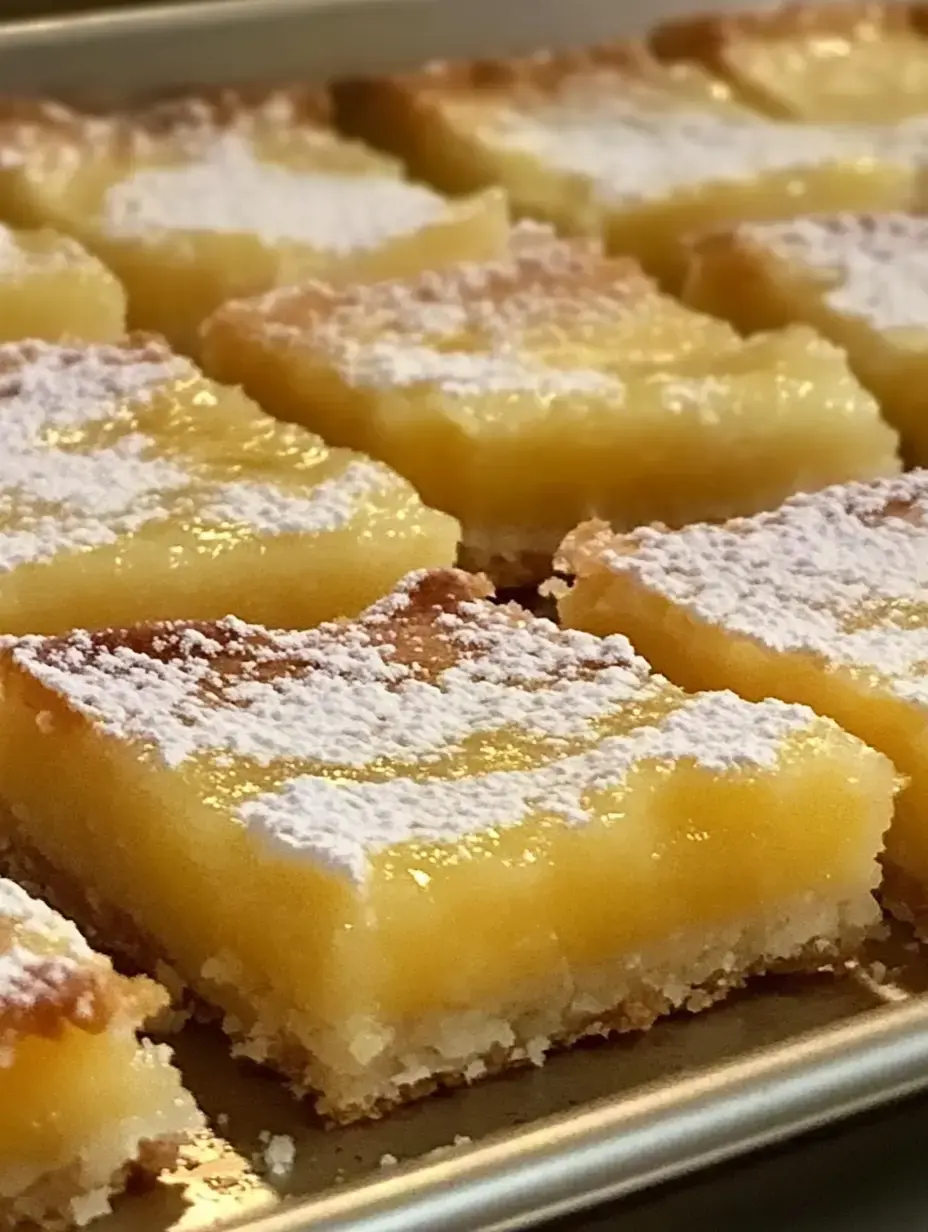 Lemon bars neatly arranged on a tray, shining under a layer of snowy powdered sugar.