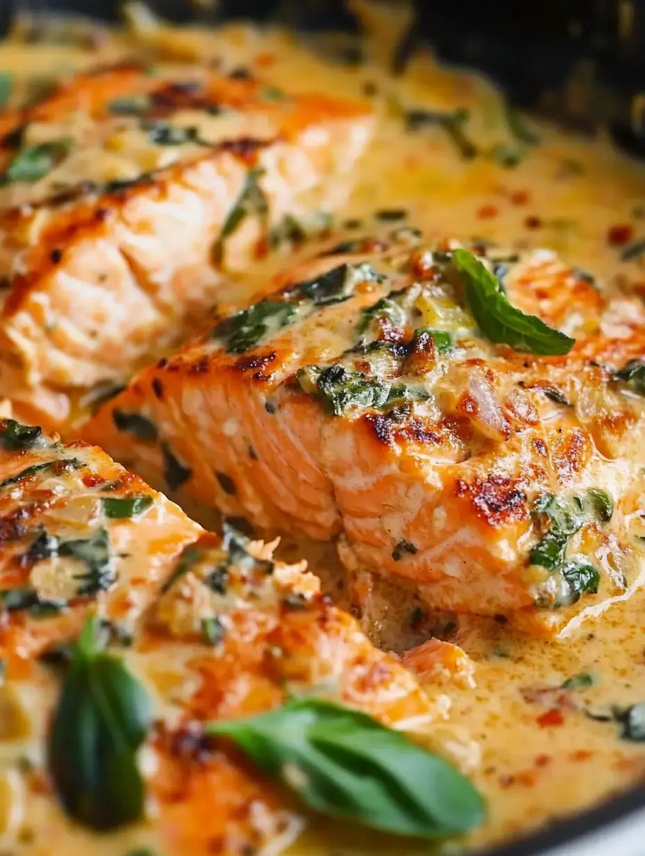 Grilled salmon fillets smothered in creamy sauce and sprinkled with basil, up close.