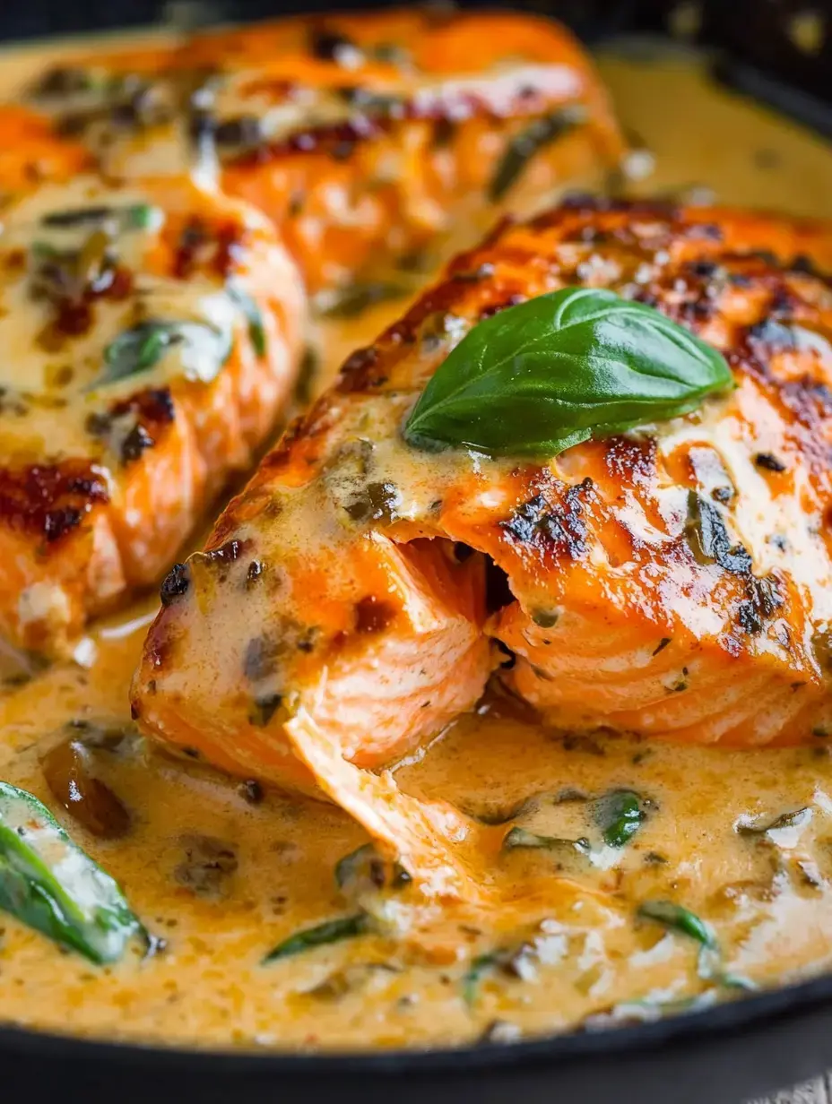 Salmon fillets cooked in a creamy sauce, topped with basil and surrounded by herbs, seen close-up.