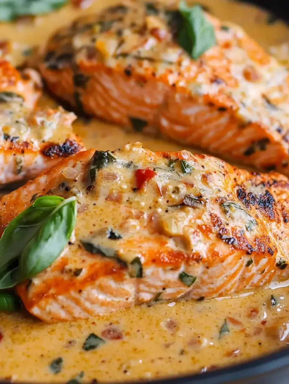 Perfectly cooked salmon covered in creamy sauce with fresh basil, shown close up.