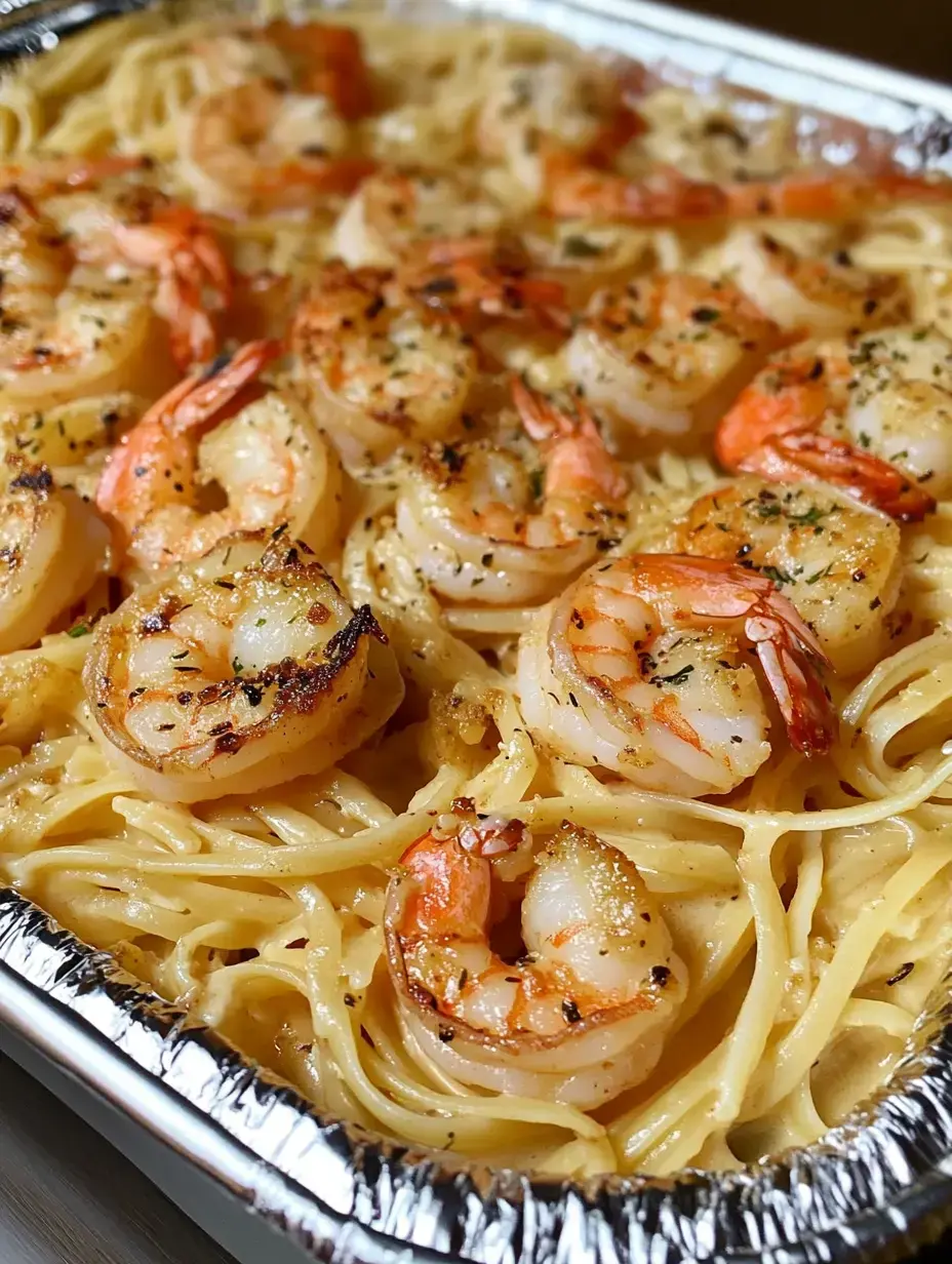 Linguine tangled with shrimp and fresh herbs, served in a foil pan and ready to eat.