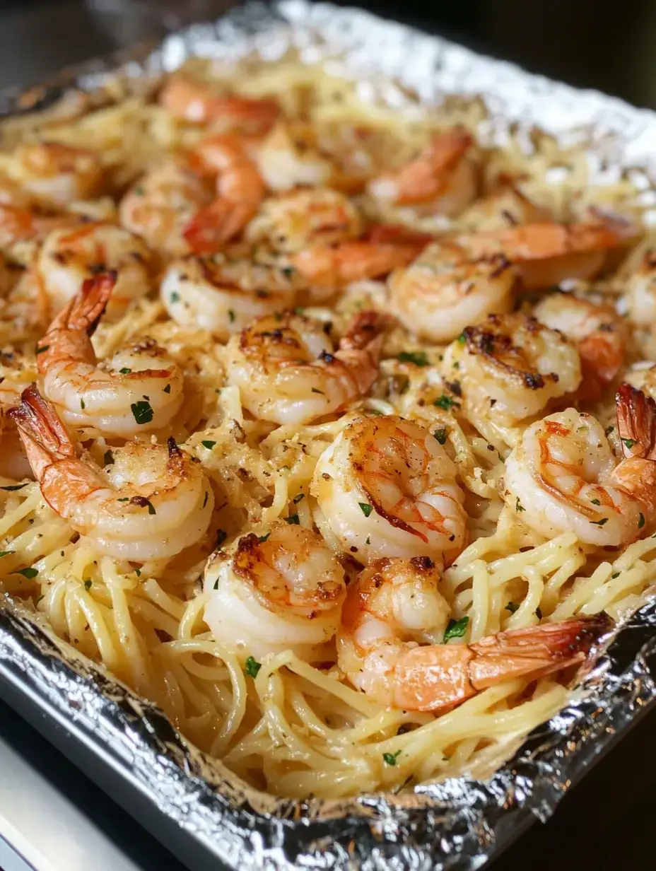 Spaghetti covered in sautéed shrimp and fresh herbs, beautifully plated in a tray.