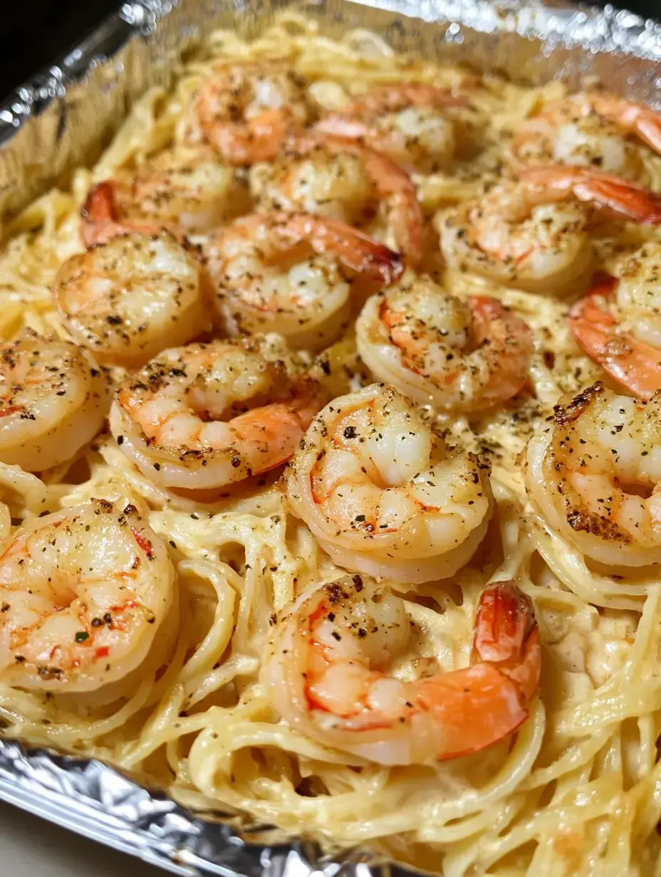 Shrimp nestled on creamy pasta, all plated together in a shiny tray and looking ready to eat.
