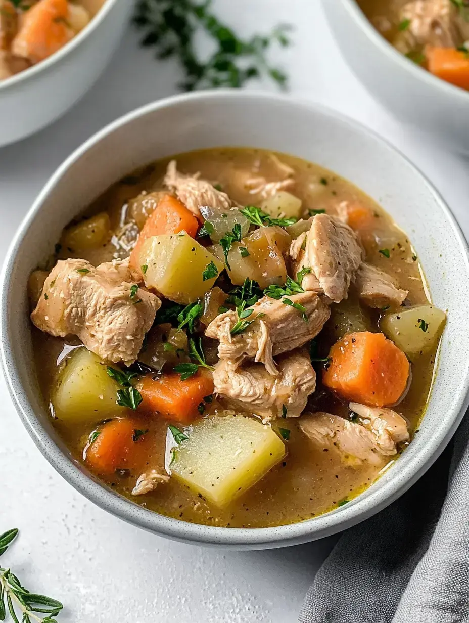 A hearty bowl filled with chunky chicken stew showing tender meat pieces, orange carrots, white potatoes, and green parsley garnish on top.