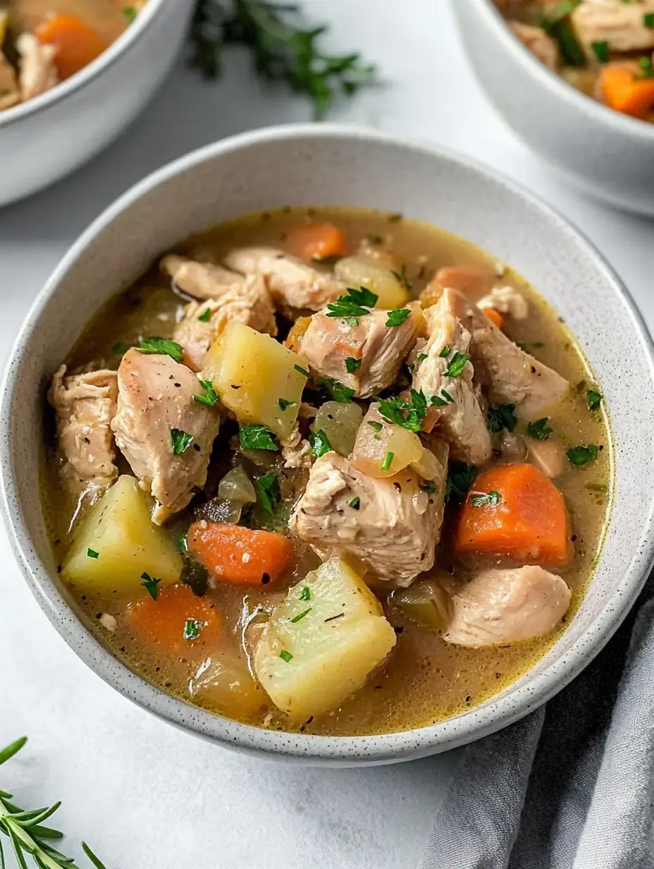 A steaming bowl of rich chicken soup featuring big chunks of meat, bright orange carrots, soft potatoes, and fresh green herbs scattered on top.