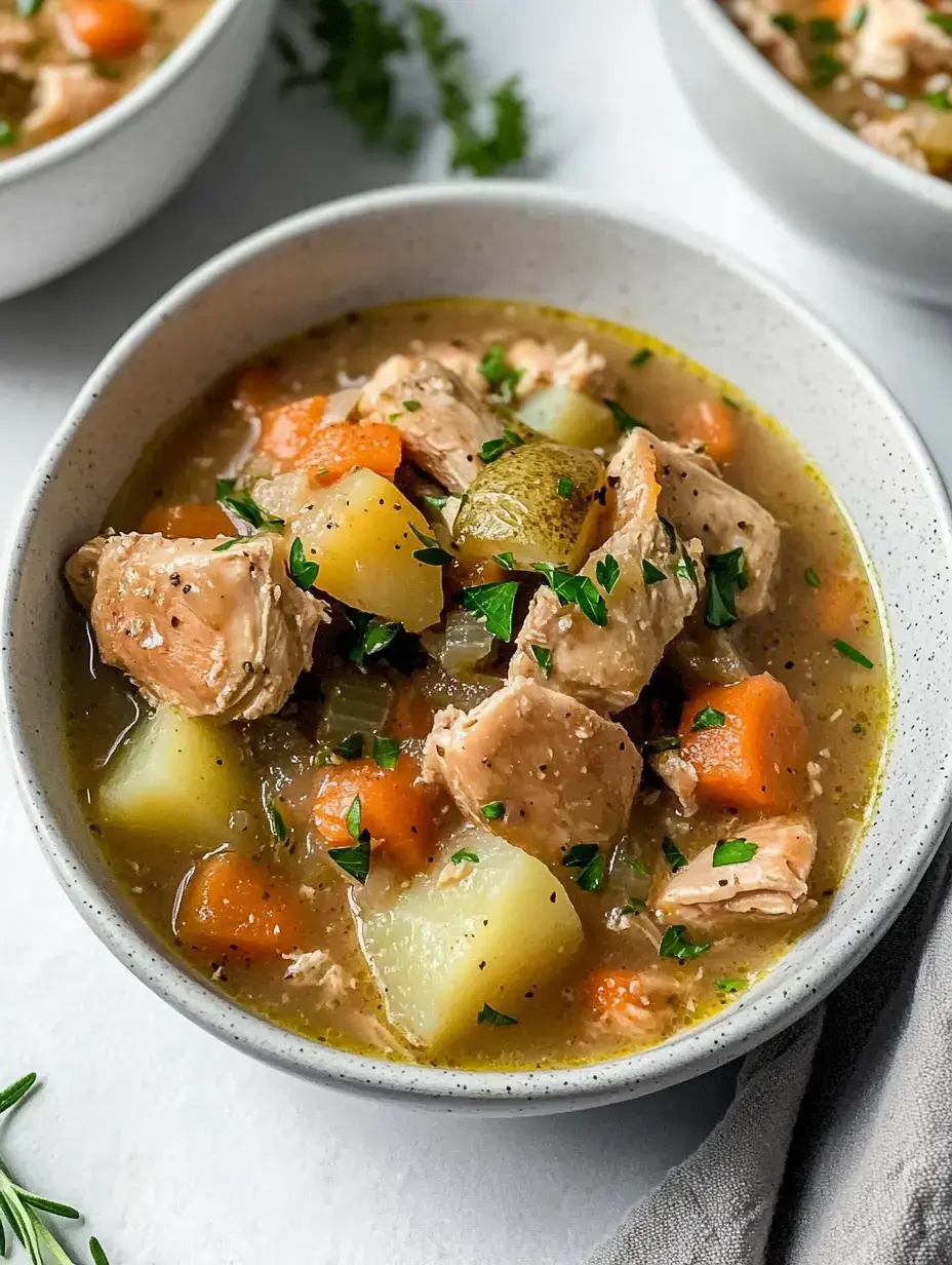 A warm serving of homemade chicken soup with tender meat pieces, colorful carrots, soft potato chunks and green herbs floating in flavorful broth.