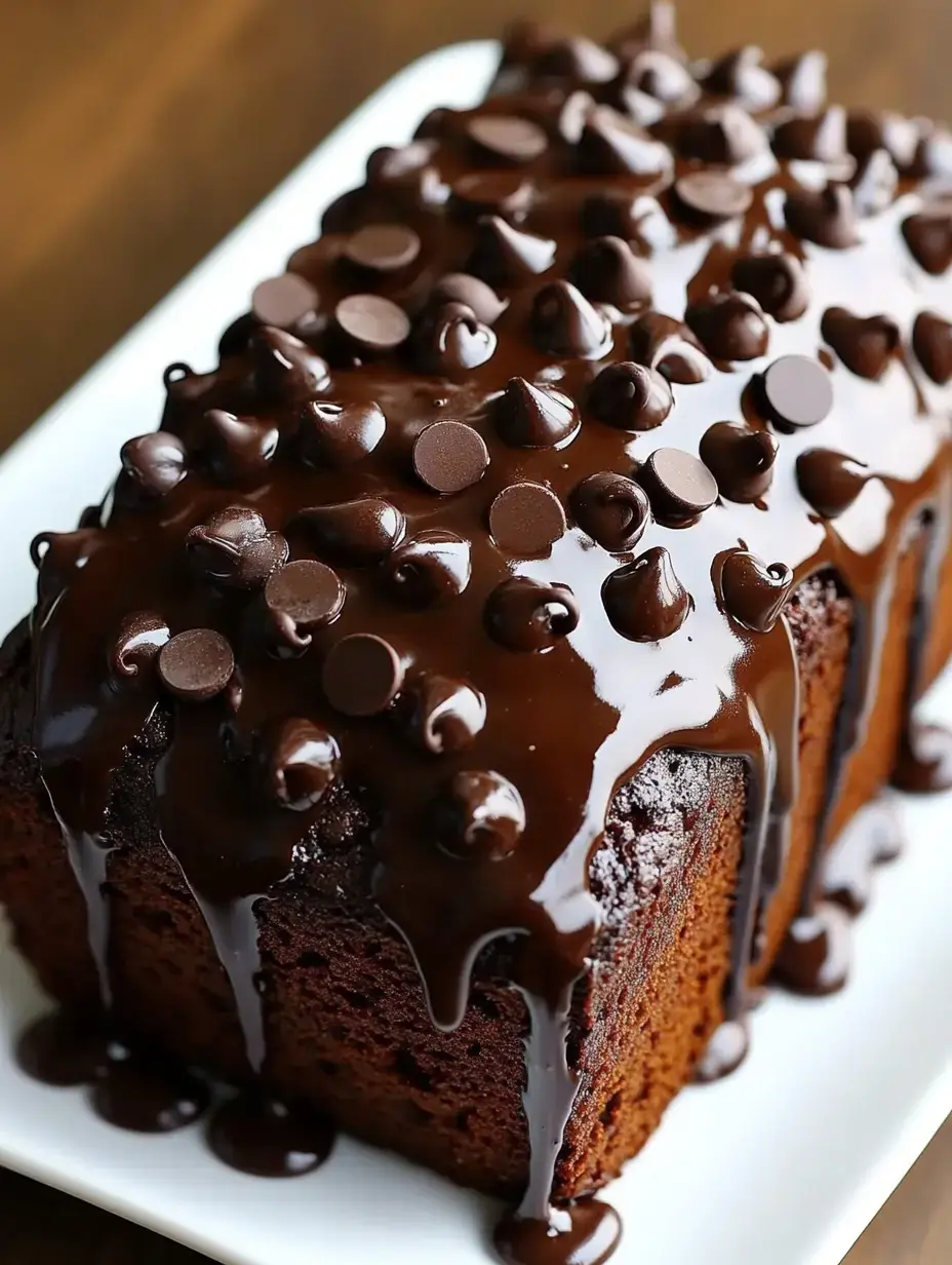 A super moist chocolate loaf topped with thick chocolate syrup and scattered chocolate chips.