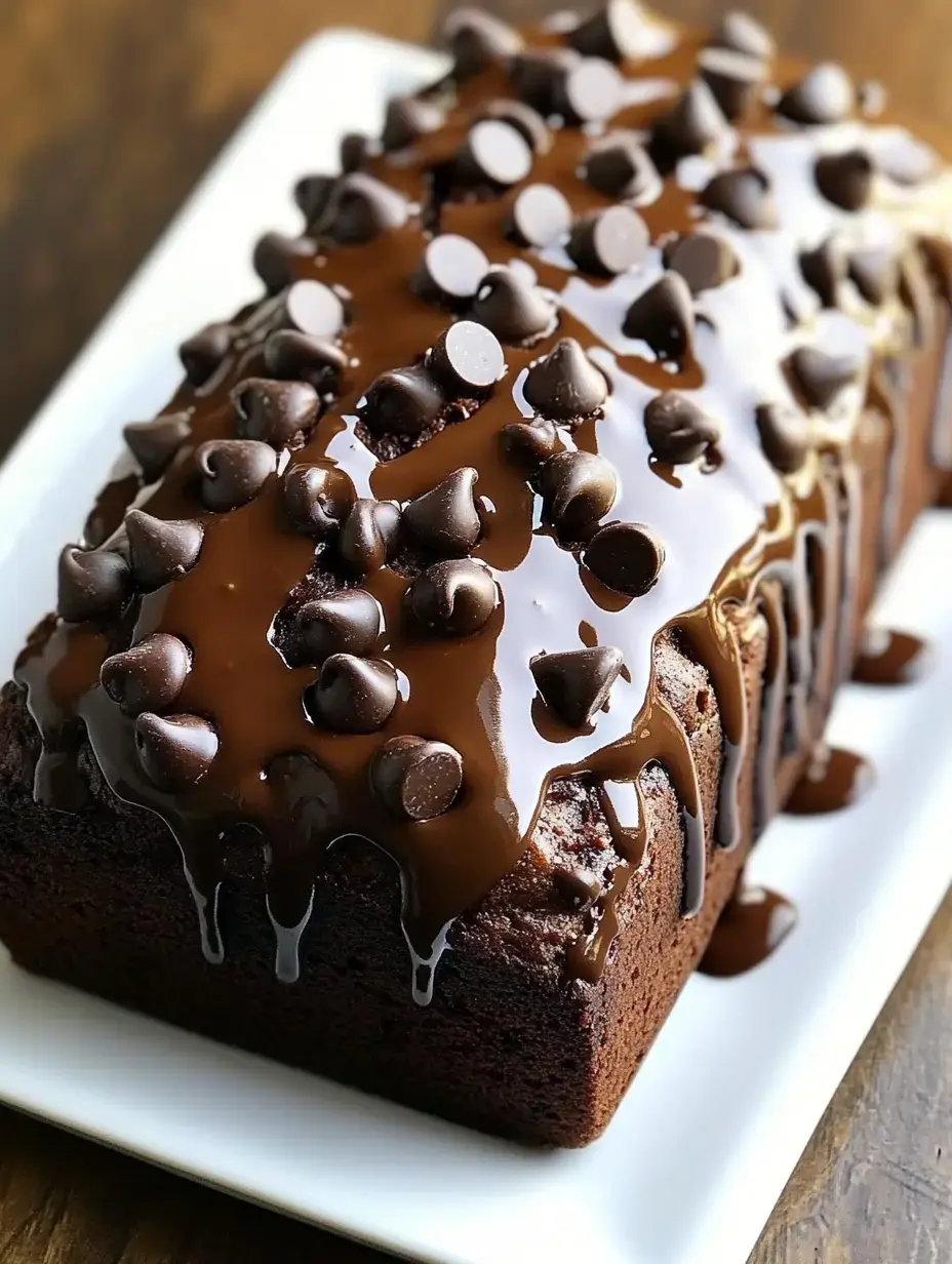 A super moist chocolate bread draped with melty chocolate and covered in chocolate chips.