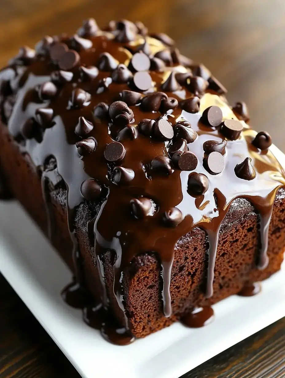 A rich chocolate loaf with shiny fudge and chocolate chips scattered on top.