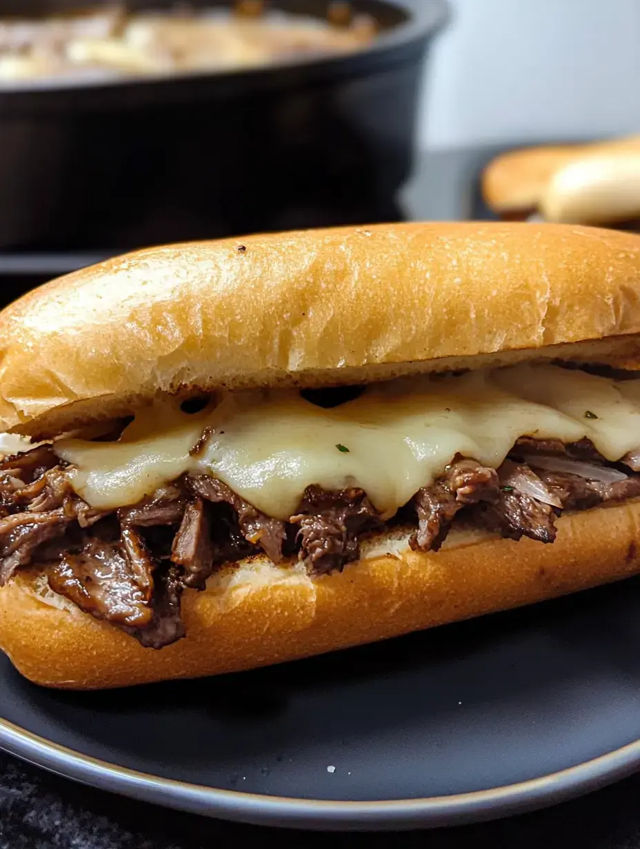 Tender beef and melted cheese inside a soft roll, up close, ready to eat.