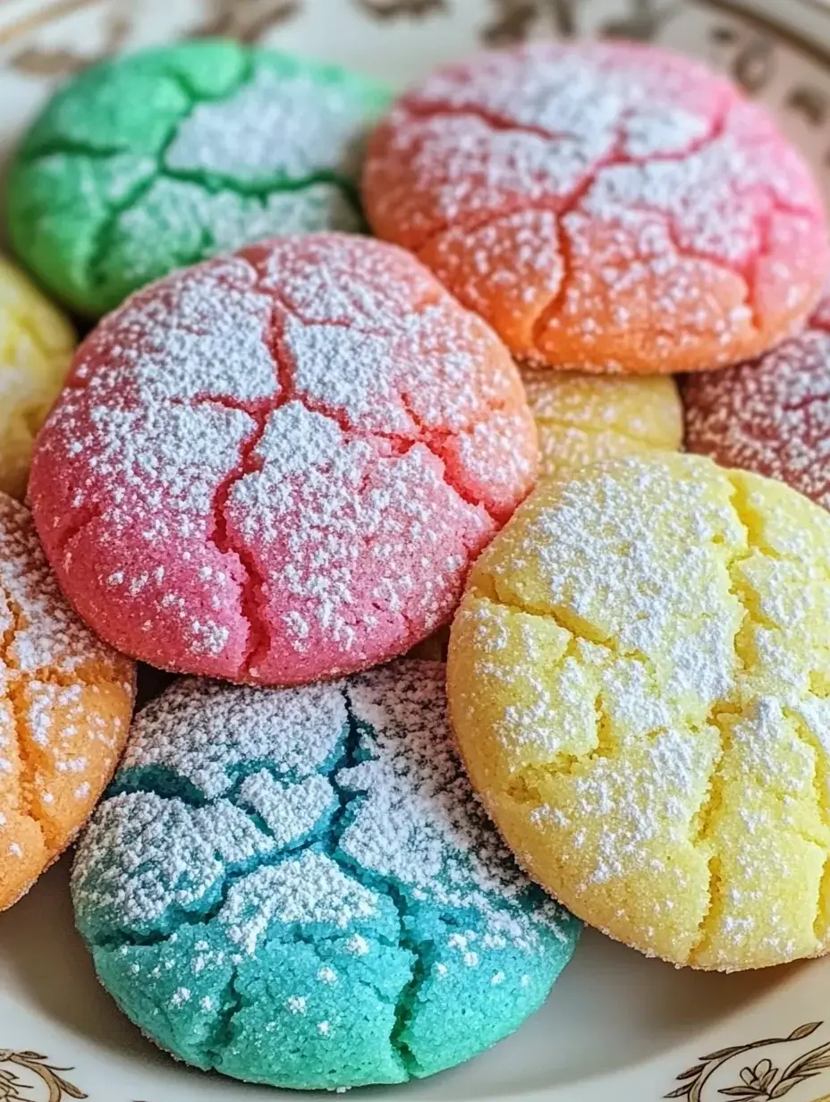 A pretty plate holds sugar-dusted cracked treats in yellow, blue, pink, orange and green shades.