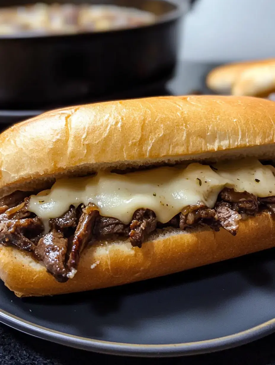 Hot beef and gooey cheese packed inside a soft roll, with a pot simmering in the background.