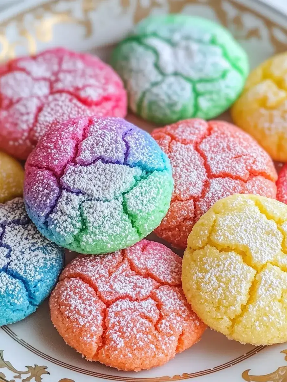 A serving plate shows an array of sugar-coated cracked cookies in multiple bright colors.