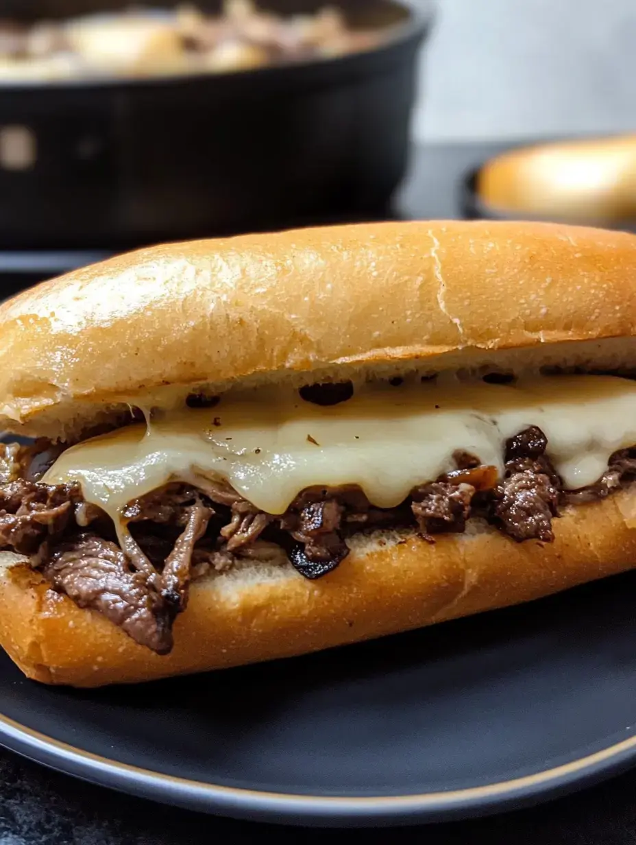 Toasty hoagie roll stuffed with juicy beef and oozy cheese in a close shot.