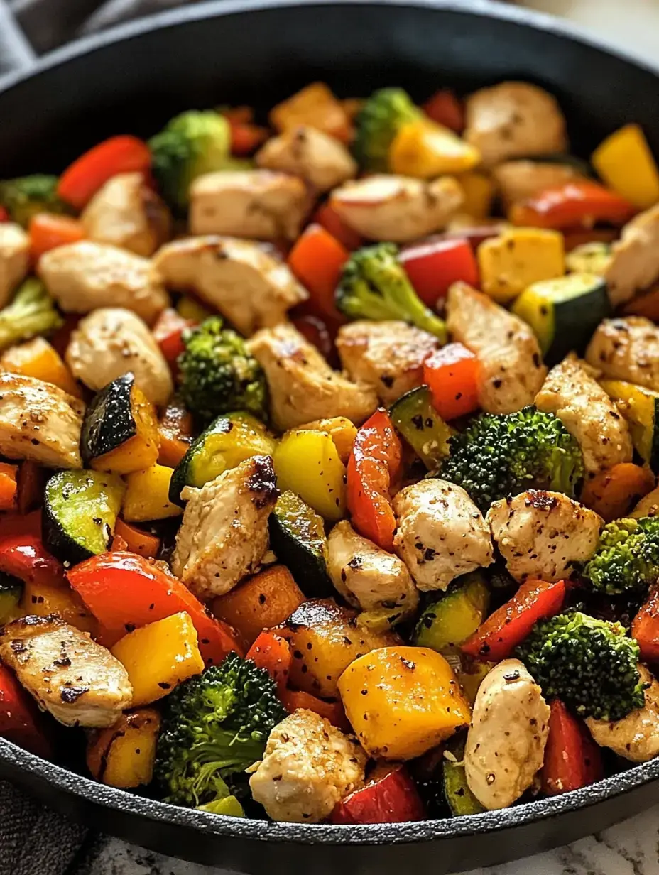 A pan loaded with juicy chicken pieces and a jumble of bright veggies with broccoli, bell pepper, and zucchini.