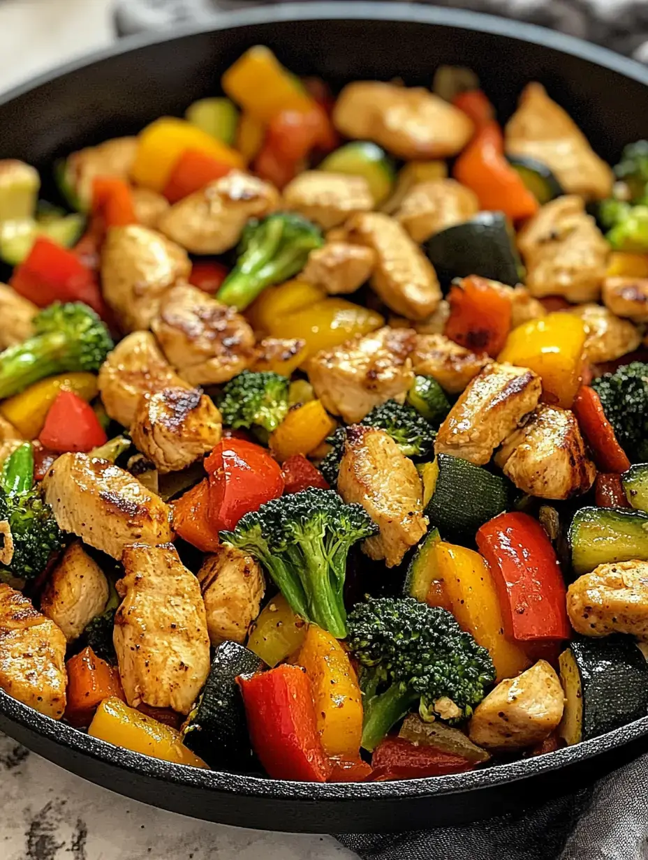 A skillet packed with chicken pieces and a colorful mix of veggies, like bell peppers, broccoli, and zucchini.