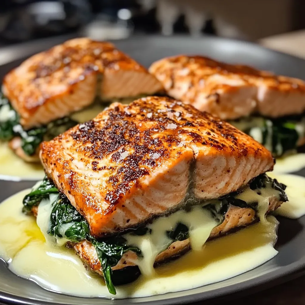 Salmon filled with spinach and Parmesan cheese, topped with blackened spice