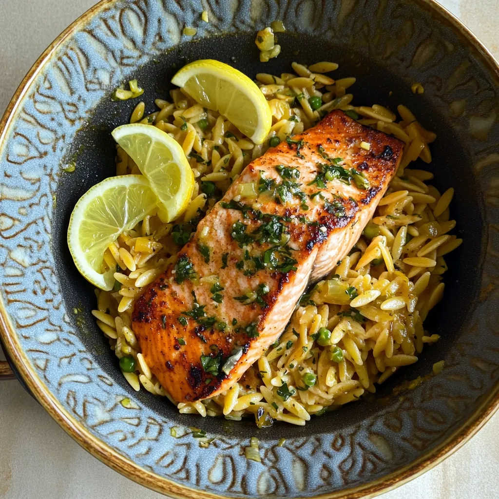 Lemon Orzo Salmon Pan
