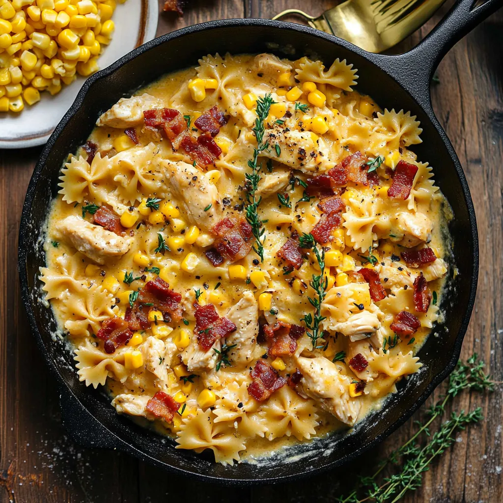 Velvety Chicken and Sweet Corn Pasta with Crispy Bacon