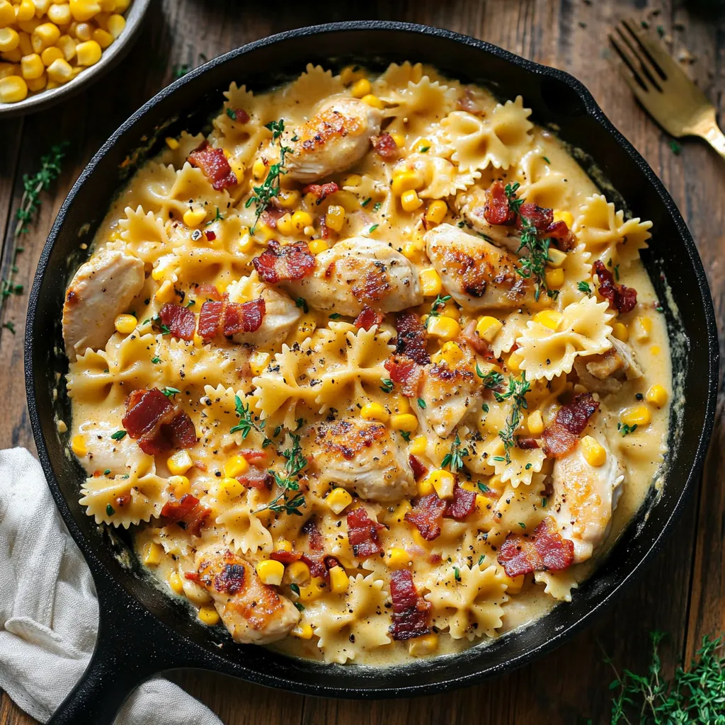 Closeup Shot of Velvety Chicken and Sweet Corn Pasta with Bacon