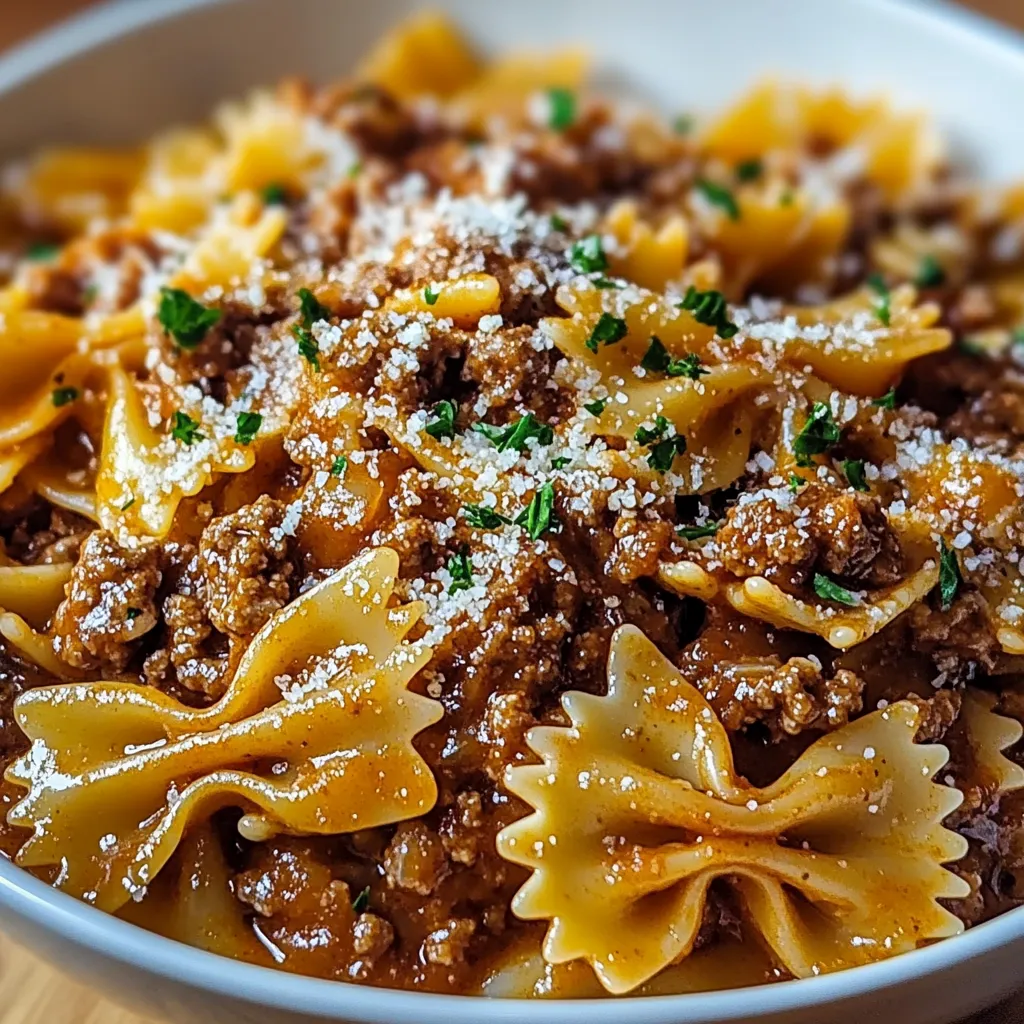 Closeup view of Buttery Garlic Pasta with Ground Beef