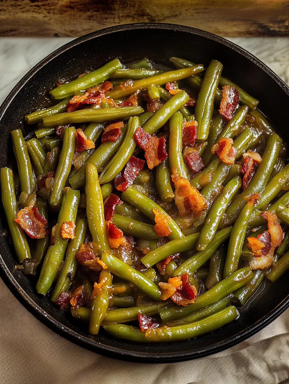 Texas Roadhouse Green Beans closeup in skillet