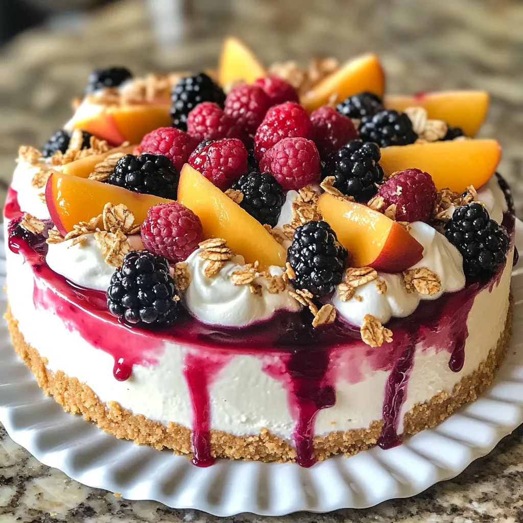 Super close-up of berry and peach cheesecake