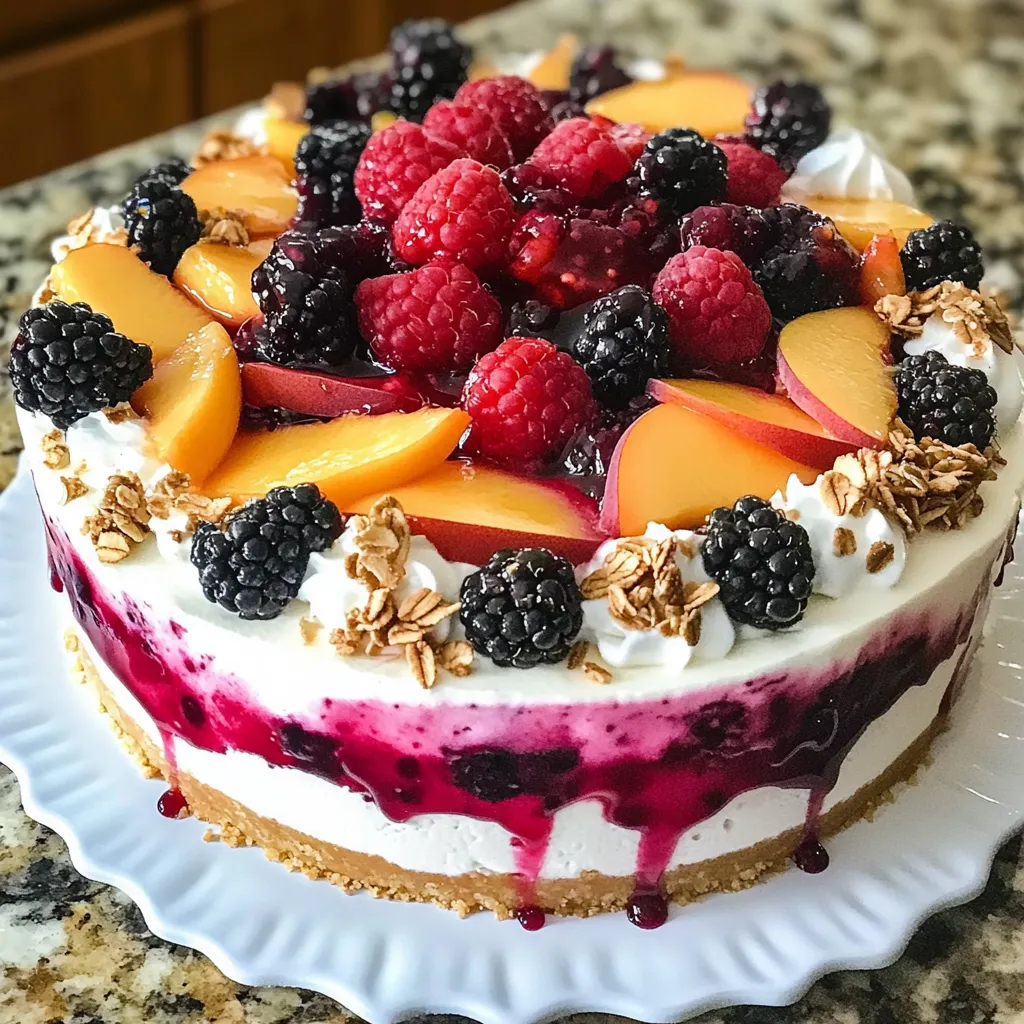 Mouthwatering summer berry and peach cheesecake closeup