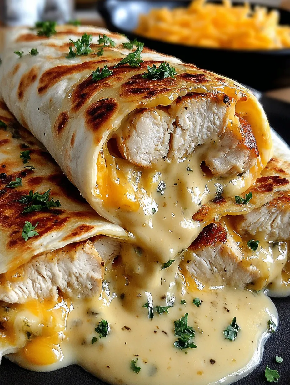 A cheesy chicken garlic wrap with chicken and cheese.