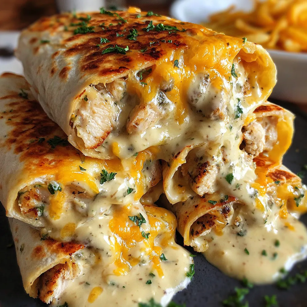 A cheesy chicken garlic wrap with a side of fries.