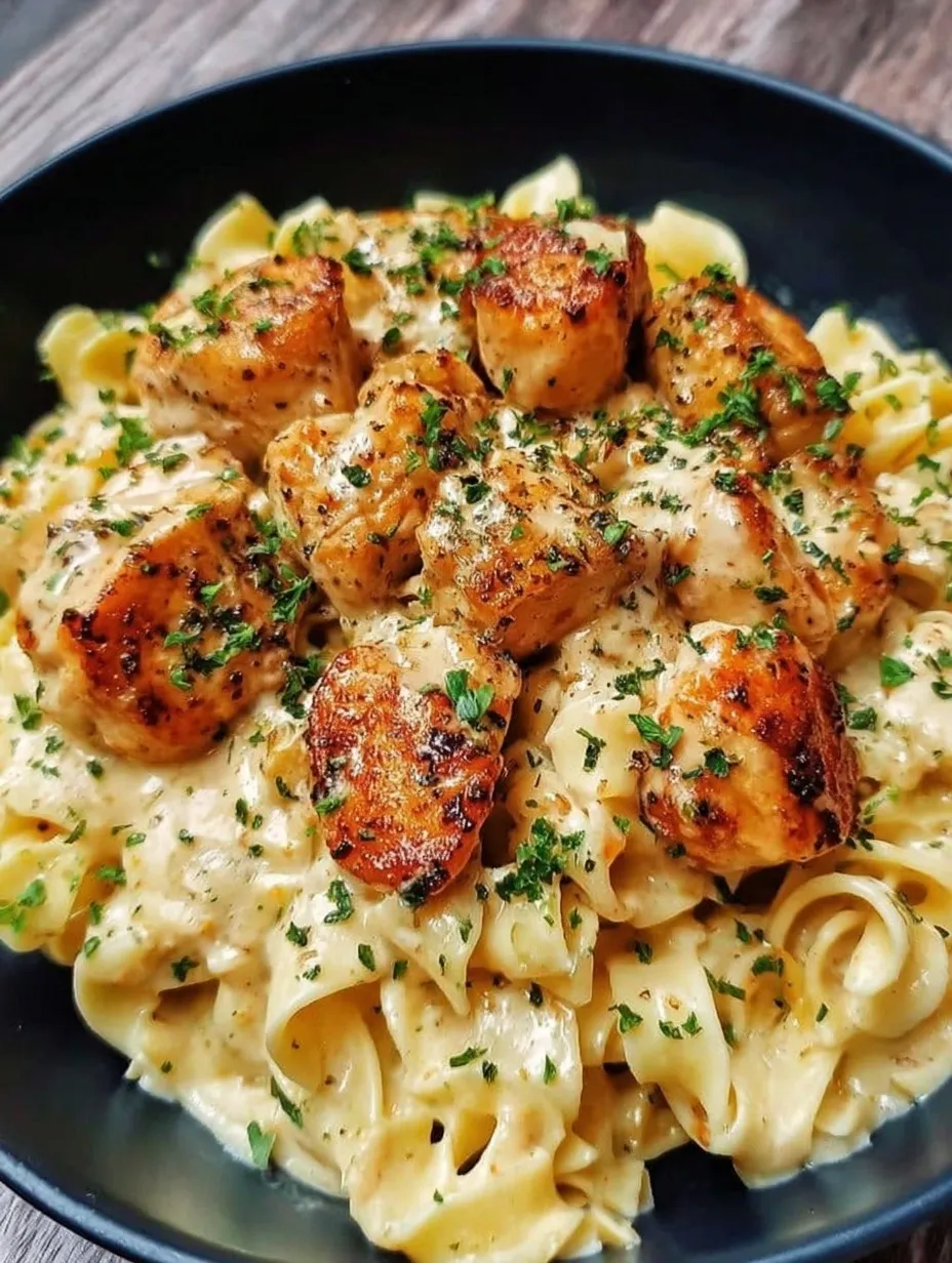 A delicious garlic butter chicken bites with creamy parmesan pasta.