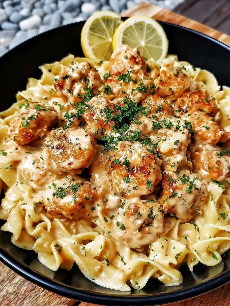 A bowl of delicious garlic butter chicken bites with creamy parmesan pasta.
