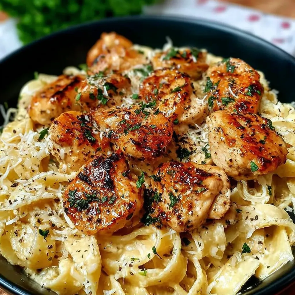 A bowl of delicious garlic butter chicken bites with creamy Parmesan pasta.