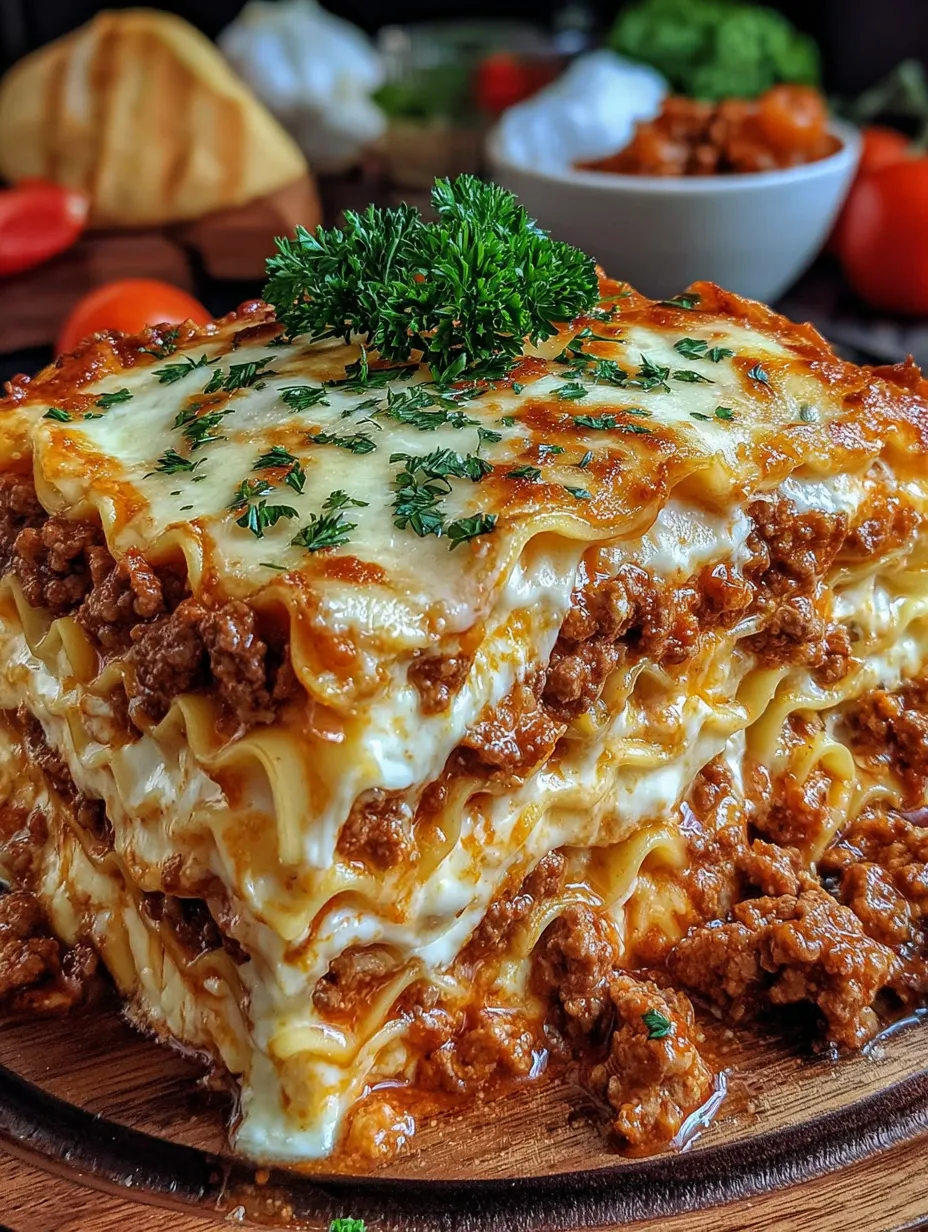 A stack of lasagna with a green garnish on top.