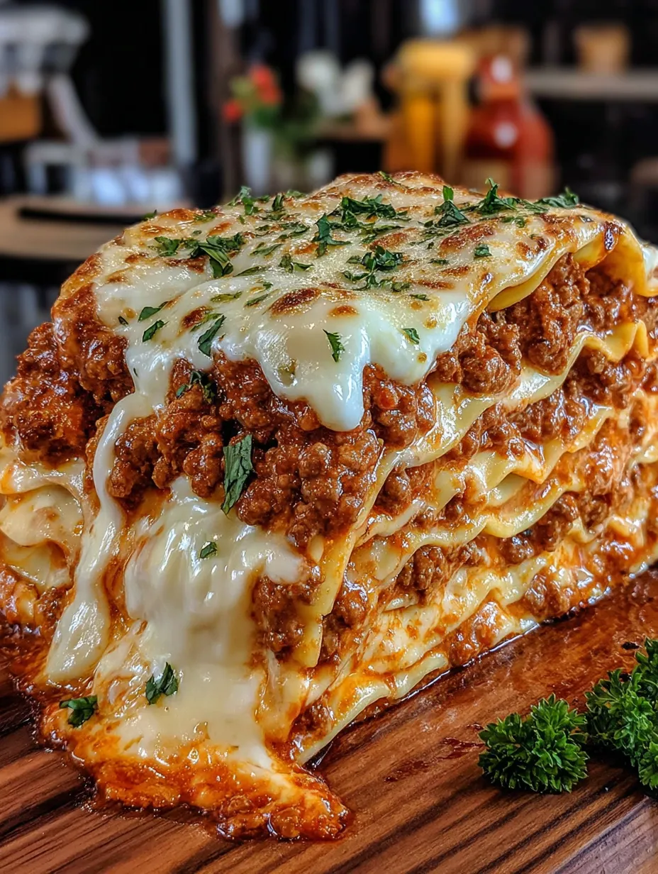 A large piece of lasagna with cheese on top.